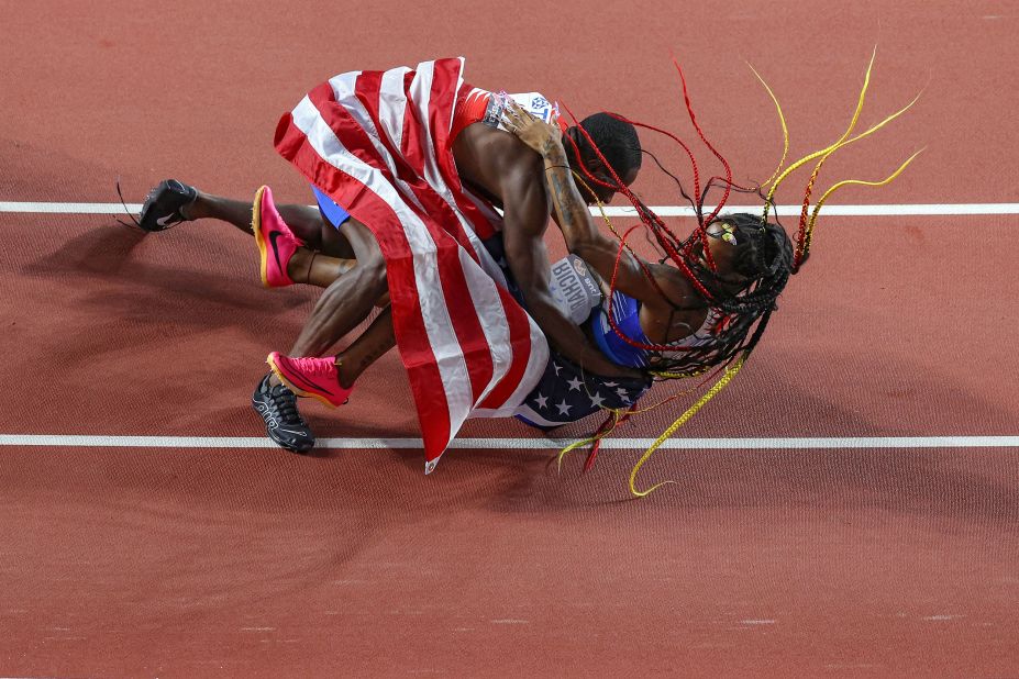 US sprinters Christian Coleman and Sha'Carri Richardson collide as they celebrate winning both the men's and women's 4x100-meter relay finals at the World Athletics Championship in Budapest on Saturday, August 26. 