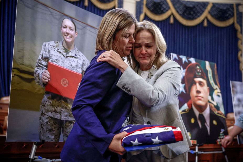 US Representative Madeleine Dean hugs Christy Shamblin, mother-in-law of Marine Corps Sgt. Nicole L. Gee, who was killed in Afghanistan, following a roundtable before the House Foreign Affairs Committee in Washington, DC, on Tuesday, August 29.  