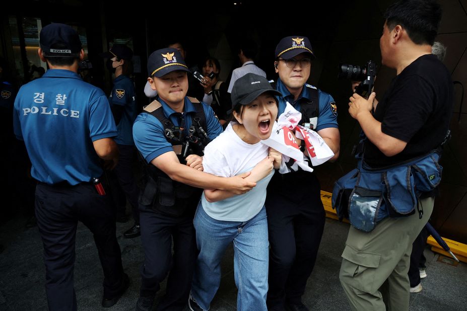 A university student in Seoul, South Korea, is detained on Thursday, August 24, while attempting to break into the Japanese embassy while protesting Japan's <a href="https://www.cnn.com/2023/08/23/asia/japan-fukushima-water-release-thursday-intl-hnk/index.html" target="_blank">release of treated radioactive water</a> from the wrecked Fukushima nuclear power plant into the Pacific Ocean.  
