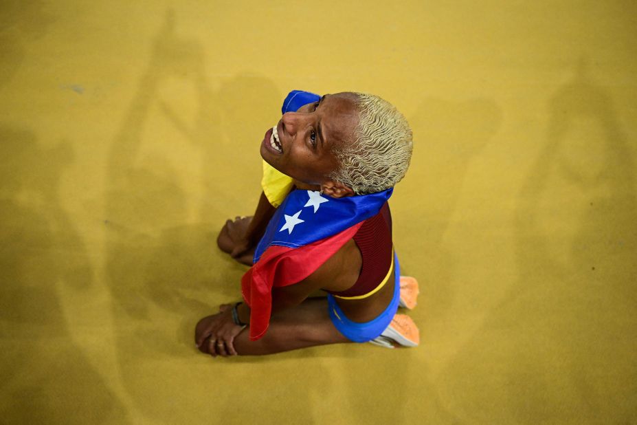 Venezuela's Yulimar Rojas celebrates winning the women's triple jump at the World Athletics Championships in Budapest on Friday, August 25. It was her fourth straight world title.