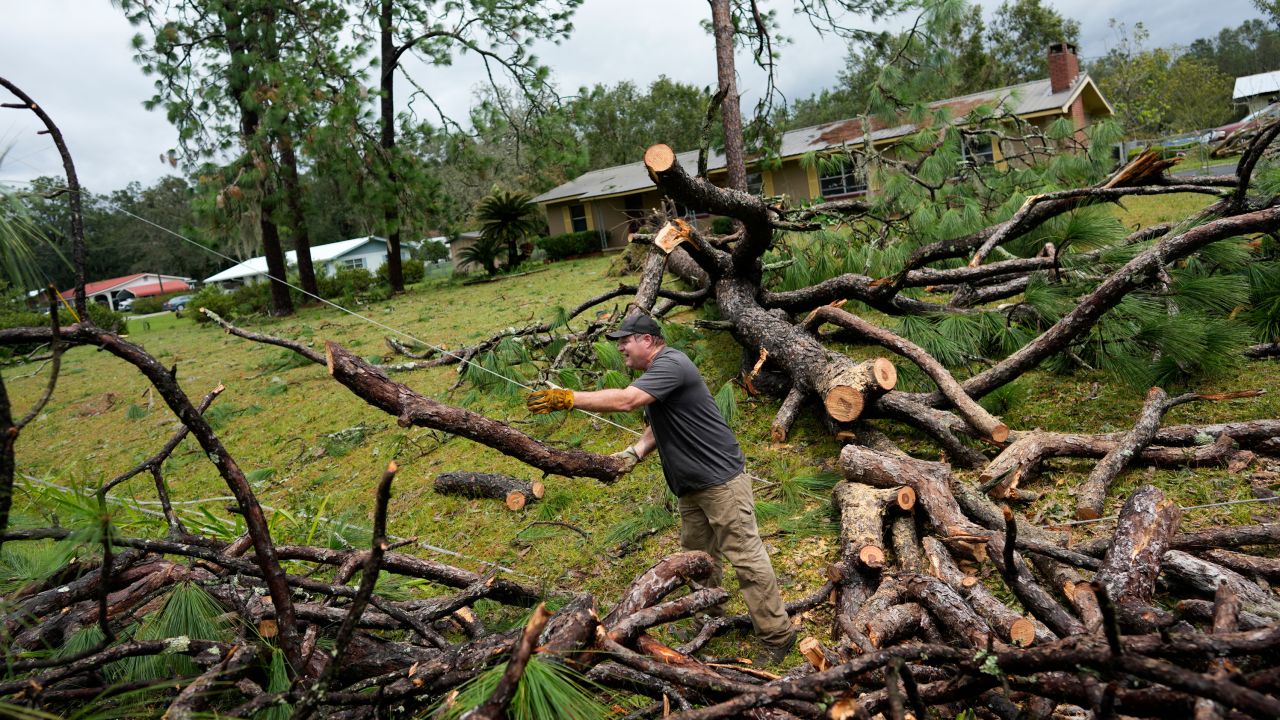 Joe Morgan clears a pine tree that fell on power lines in front of his home during Hurricane Idalia.