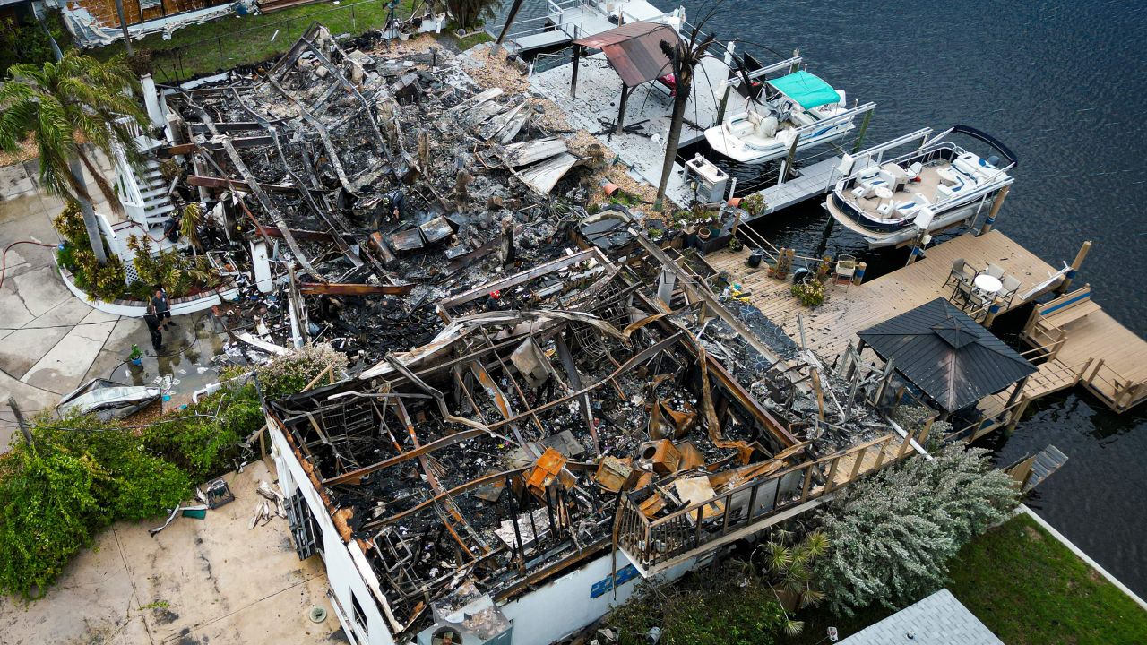 Aerial view of burned rubbles are seen where a house stood after a power transformer explosion in the community of Signal Cove in Hudson, Florida, on August 30 after Hurricane Idalia made landfall.