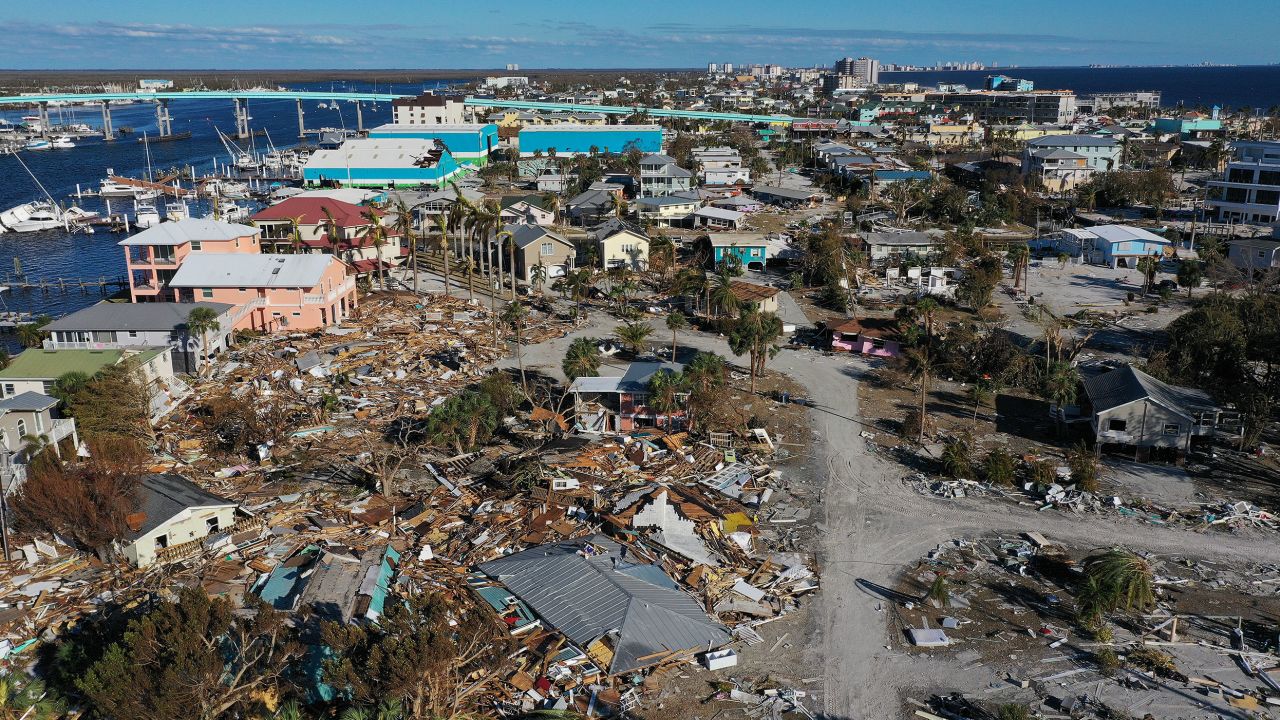 FORT MYERS BEACH, FLORIDA - OCTOBER 02:   In this aerial view,  destruction left in the wake of Hurricane Ian is shown on October 02, 2022 in Fort Myers Beach, Florida. Fort Myers Beach sustained severe damage by the Category 4 hurricane which caused extensive damage to the southwest portion of Florida.  (Photo by Win McNamee/Getty Images)