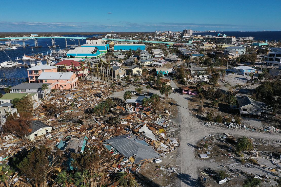 Destruction left in the wake of Hurricane Ian in October 2022 in Fort Myers Beach, Florida.