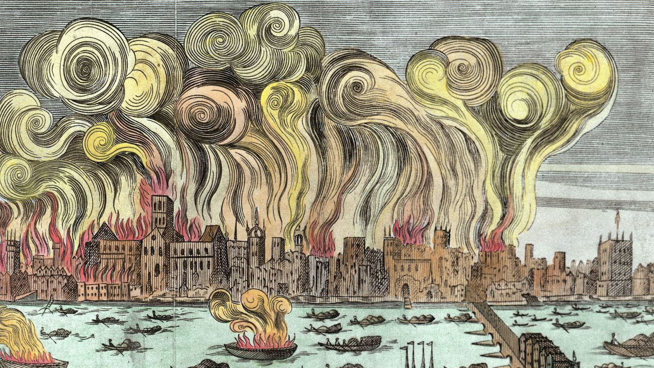 Тази дърворезба, по-късно оцветена, показва Големия пожар в Лондон през 1666 г. от English School. 