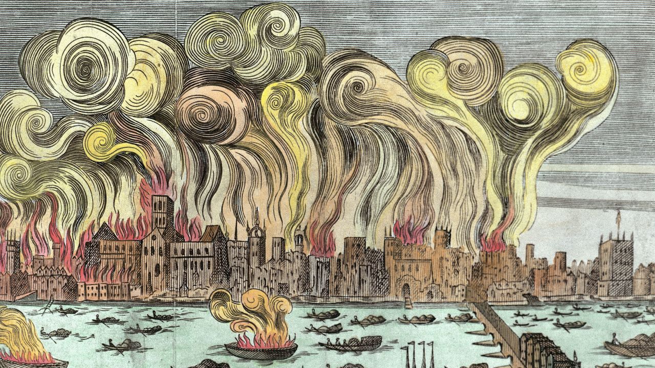 This woodcut, later colorized, shows the Great Fire of London in 1666 by English School.