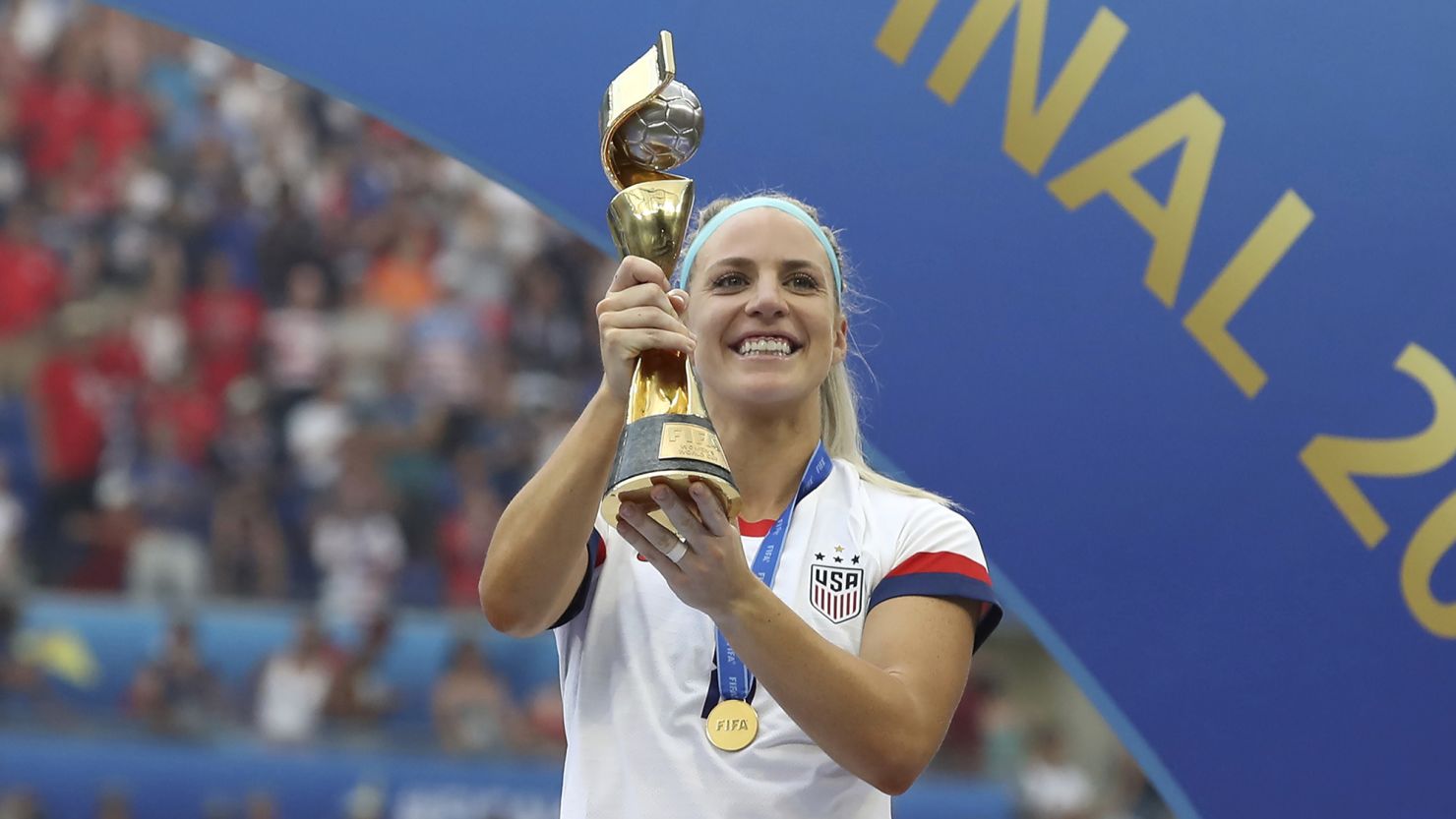 July 7, 2019 - Lyon, United Kingdom - Julie Ertz of USA with the trophy after the final whistle of the FIFA Women''s World Cup match at Stade de Lyon, Lyon. Picture date: 7th July 2019. Picture credit should read: Jonathan Moscrop/Sportimage(Credit Image: © Jonathan Moscrop/CSM via ZUMA Wire) (Cal Sport Media via AP Images)