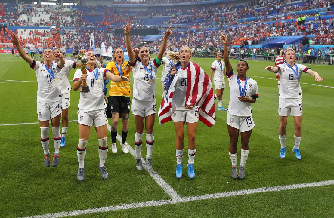 LYON, FRANCE - JULY 07:  Players of the USA celebrate following their sides victory in the 2019 FIFA Women's World Cup France Final match between The United States of America and The Netherlands at Stade de Lyon on July 07, 2019 in Lyon, France. (Photo by Richard Heathcote/Getty Images)