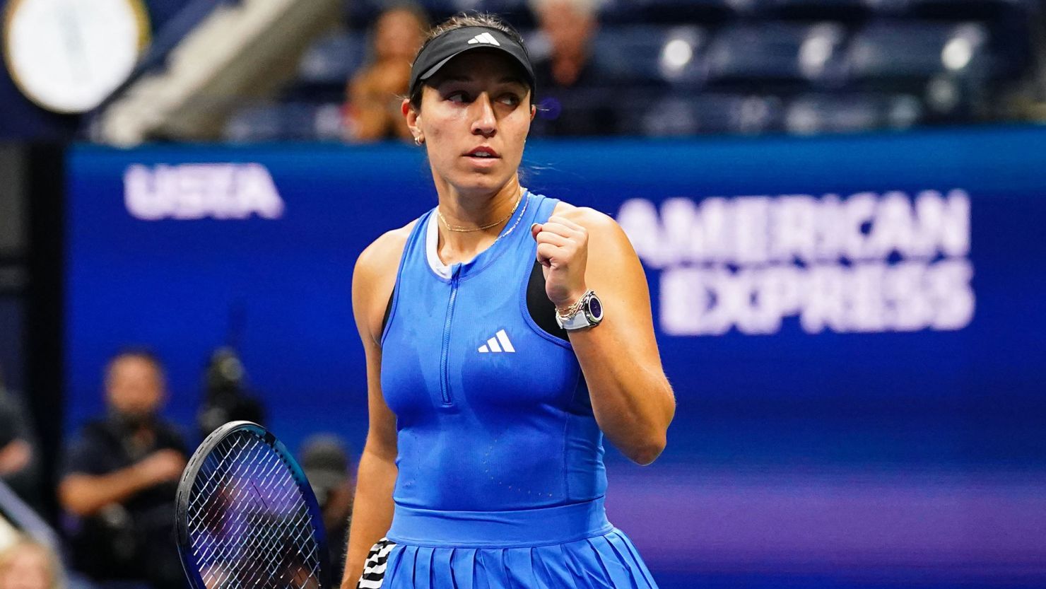 Aug 31, 2023; Flushing, NY, USA;   Jessica Pegula of the United States celebrates match point against Patricia Maria Tig of Romania on day four of the 2023 U.S. Open tennis tournament at the USTA Billie Jean King National Tennis Center. Mandatory Credit: Jerry Lai-USA TODAY Sports