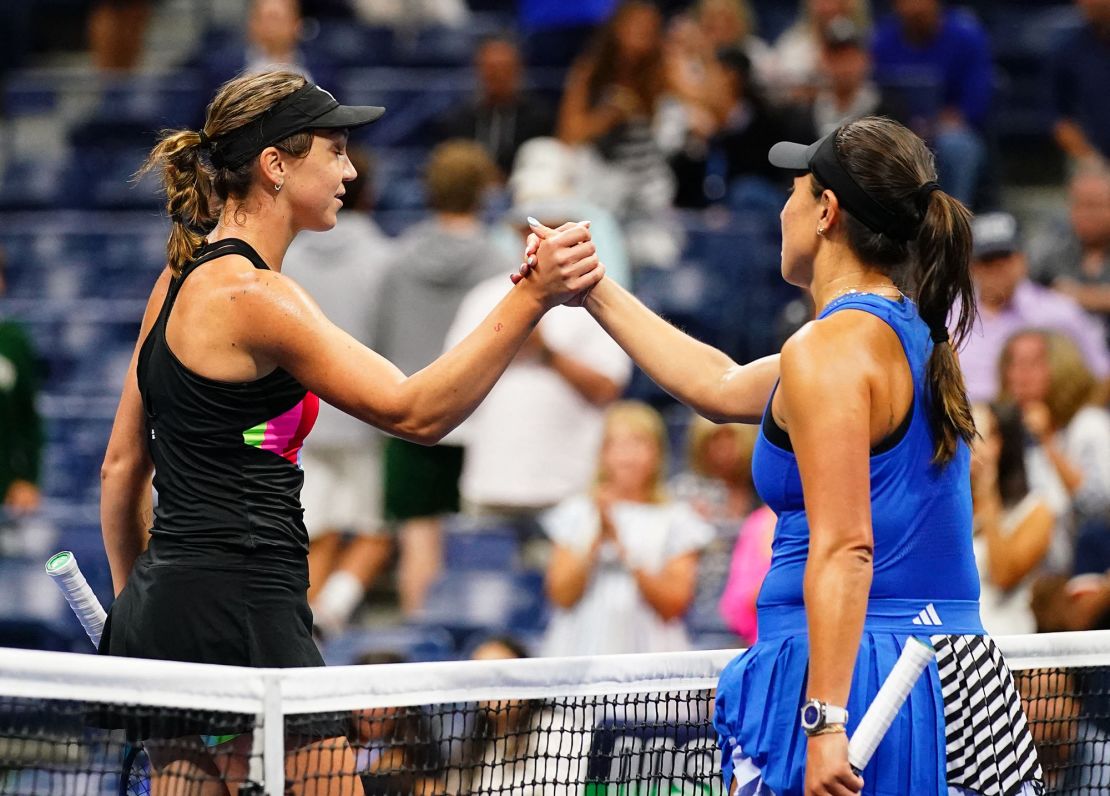 Aug 31, 2023; Flushing, NY, USA;   Jessica Pegula of the United States greets Patricia Maria Tig of Romania after their second round match on day four of the 2023 U.S. Open tennis tournament at the USTA Billie Jean King National Tennis Center. Mandatory Credit: Jerry Lai-USA TODAY Sports