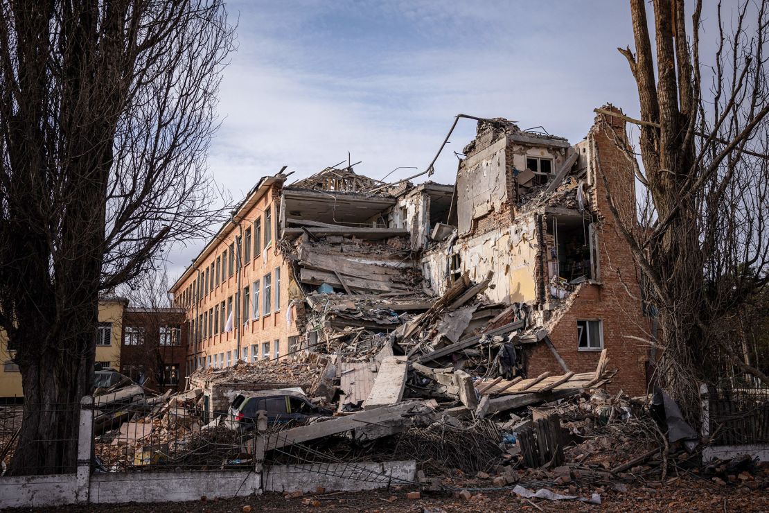 This school building in the city of Chernihiv was damaged in a Russian strike. 