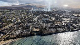 Lahaina, Maui, Thursday, August 11, 2023 - Buildings still smolder days after a wildfire gutted downtown Lahaina.  (Robert Gauthier/Los Angeles Times via Getty Images)