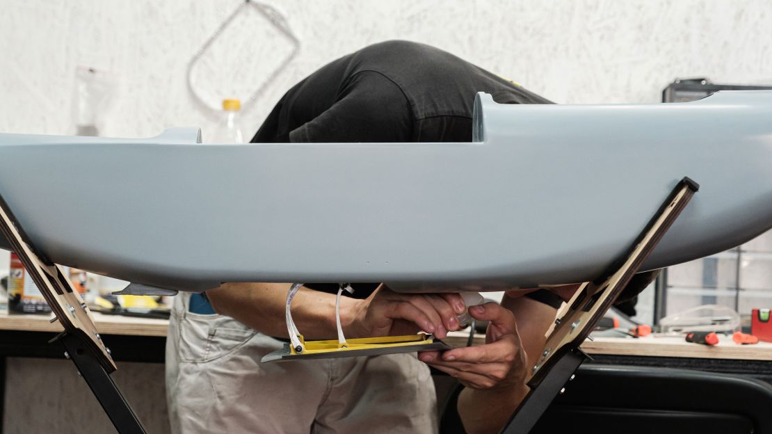 A man works at a drone manufacturing facility in Kyiv. 