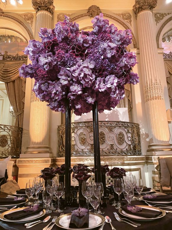 A floral tablescape, blossoming with orchids, that Leatham created for an event at the Plaza Hotel in New York.