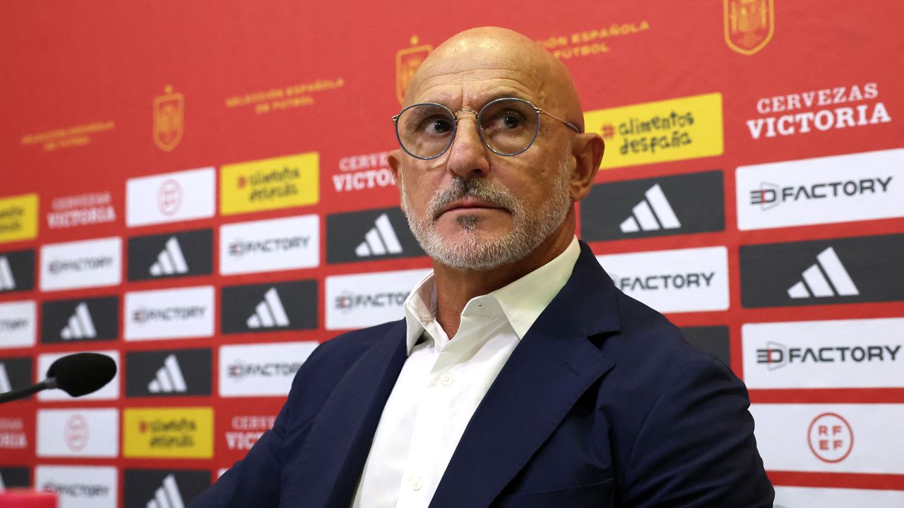 Spain's coach Luis de la Fuente holds a press conference to announce the list of summoned players ahead of the EURO 2024 qualifying football matches against Georgia and Cyprus, at the Ciudad del Futbol training facilities in Las Rozas de Madrid on September 1, 2023. Spain coach Luis de la Fuente apologised today for applauding football federation president Luis Rubiales' speech last week in which he said he would not resign, after his forcible kiss on the lips of Women's World Cup star Jenni Hermoso. (Photo by Pierre-Philippe MARCOU / AFP) (Photo by PIERRE-PHILIPPE MARCOU/AFP via Getty Images)