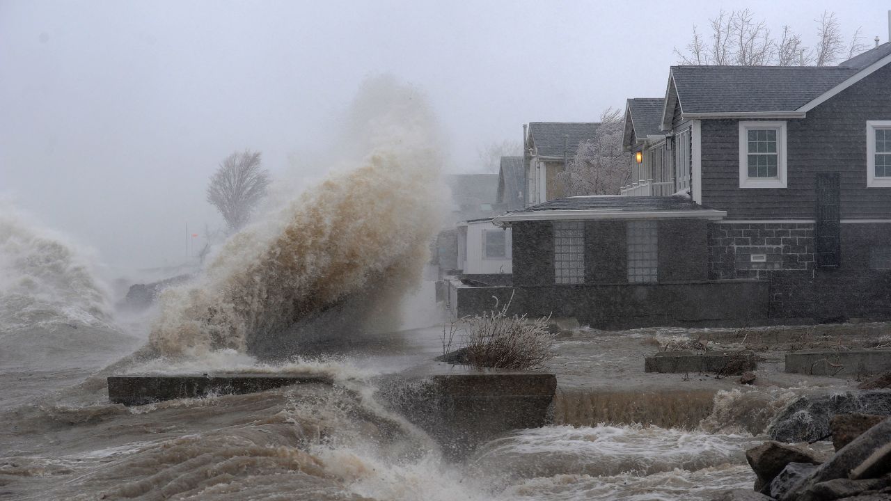 Lake Erie water slams onto the shore during a winter storm on December 23, 2022, in Hamburg, New York. 