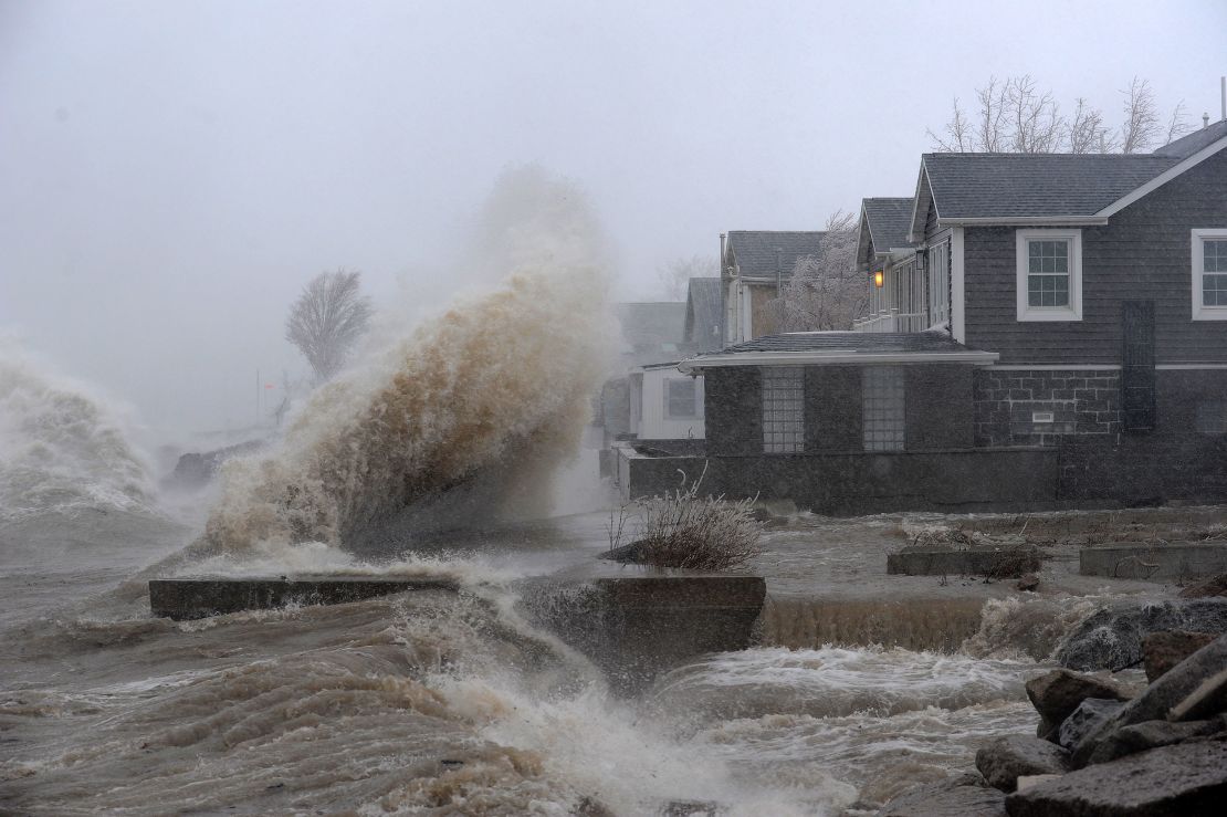Lake Erie water slams onto the shore during a winter storm on December 23, 2022, in Hamburg, New York. 