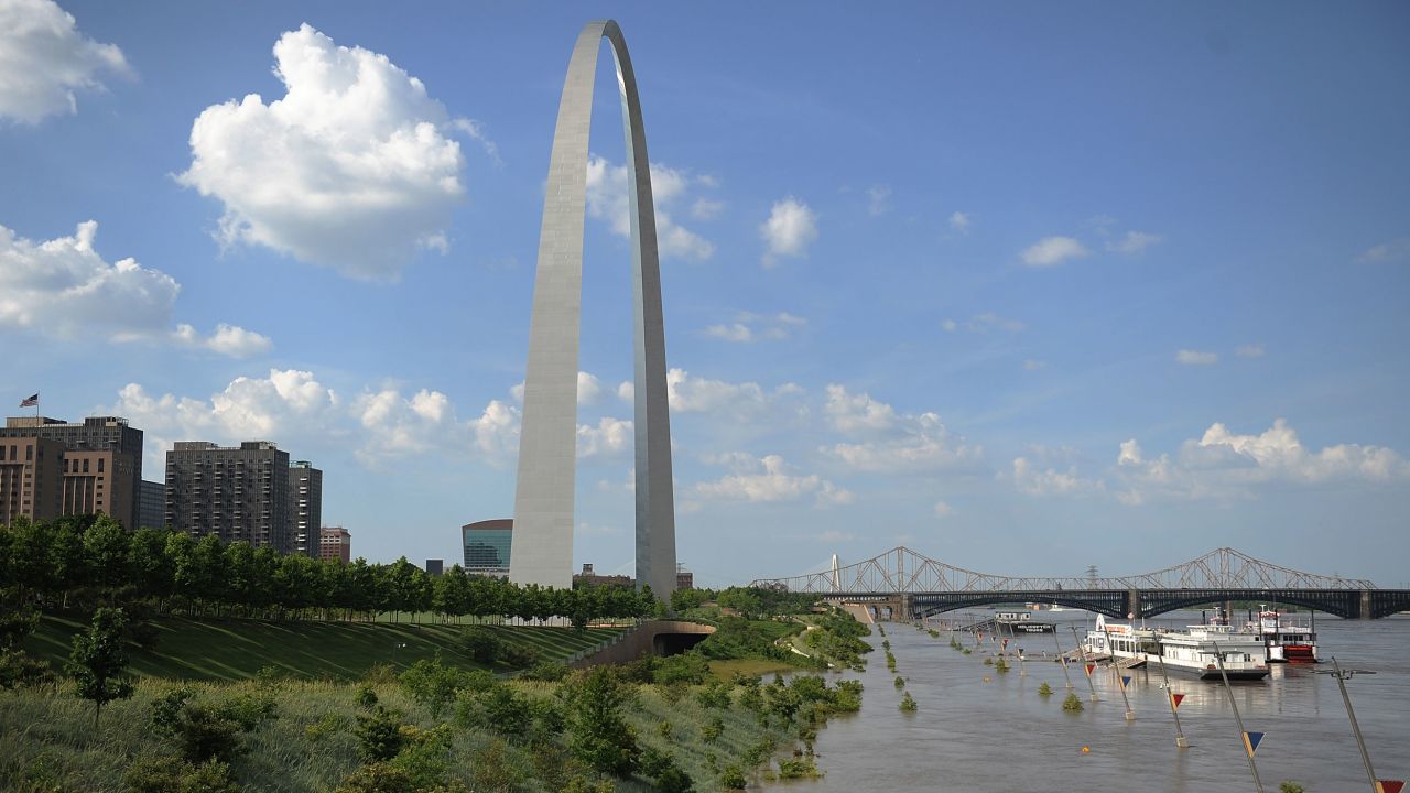 Floodwaters from a swollen Mississippi River take over the Gateway Arch grounds on June 7, 2019, in St Louis.
