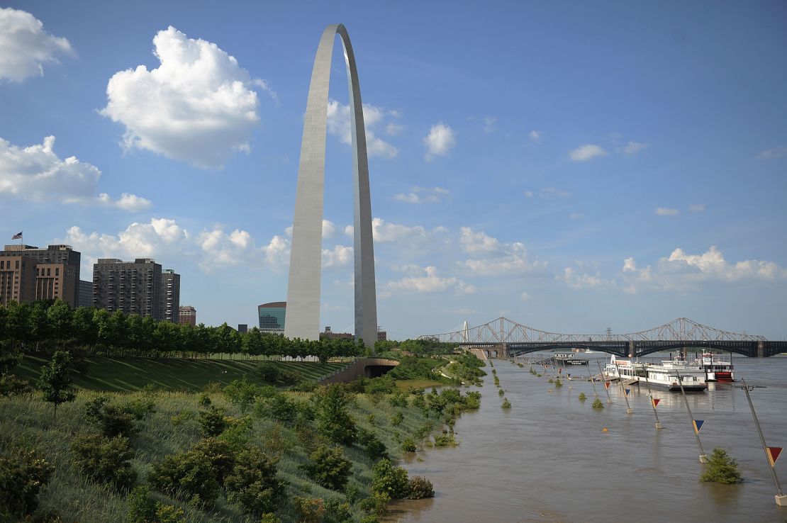 Floodwaters from a swollen Mississippi River take over the Gateway Arch grounds on June 7, 2019, in St Louis.