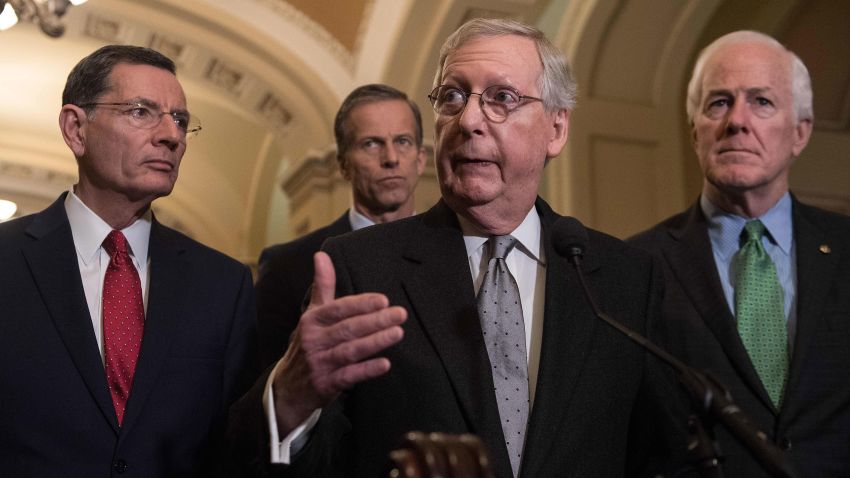 In this March 2018 photo, Senate Majority Leader Mitch McConnell speaks to the press with Sen. John Barrasso of Wyoming, Sen. John Thune of South Dakota and Majority Whip John Cornyn following the Republican policy lunch at the Capitol in Washington, DC.