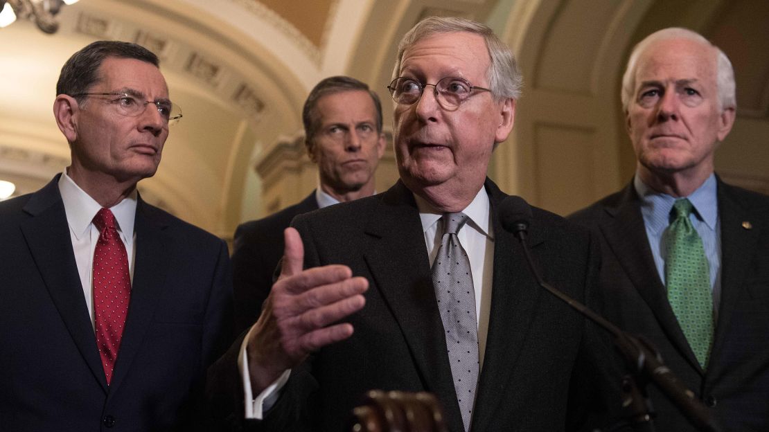 In this photo from March 2018, Senate Majority Leader Mitch McConnell speaks with Sens. John Barrasso of Wyoming and John Thune of South Dakota after a Republican policy luncheon at the Capitol in Washington, D.C. , speaking to the press along with Majority Whip John Cornyn.