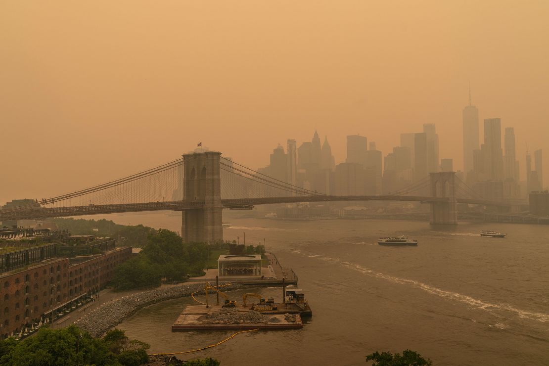 The hazy New York City skyline is seen during the Canadian wildfires.