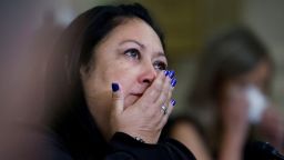 Alicia Lopez, the mother of Marine Corps Corporal Hunter Lopez who was killed in Afghanistan, cries as she speaks about her son during "A Gold Star Families Roundtable: Examining the Abbey Gate Terrorist Attack" before the House Foreign Affairs Committee on Capitol Hill in Washington, DC, on August 29. 