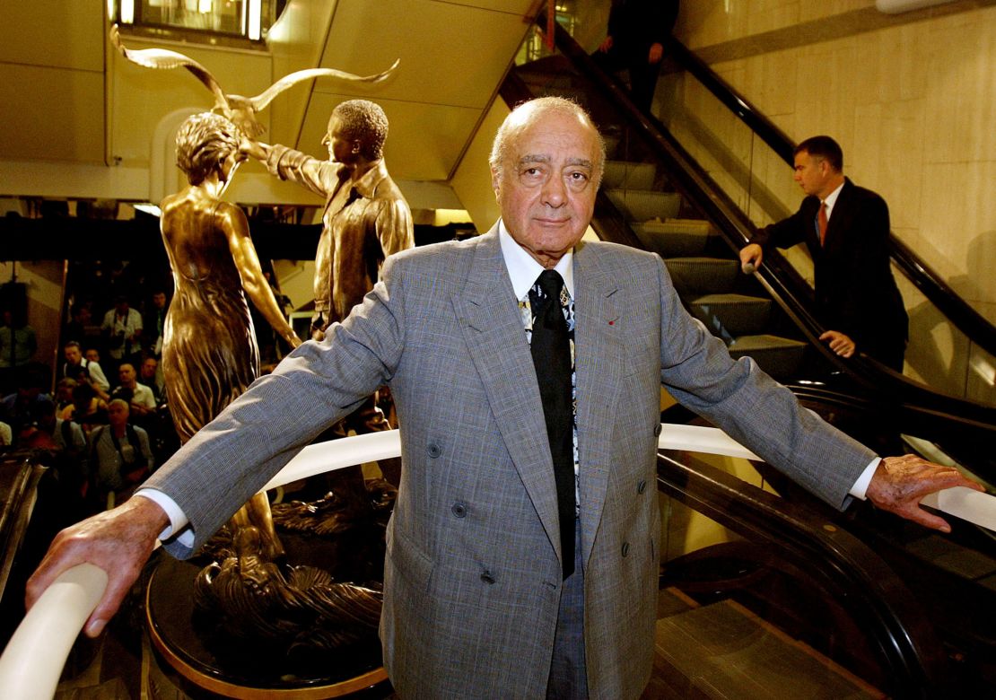 Al Fayed unveils a memorial to his son Dodi and Britain's Diana Princess of Wales at Harrods in London in 2005.