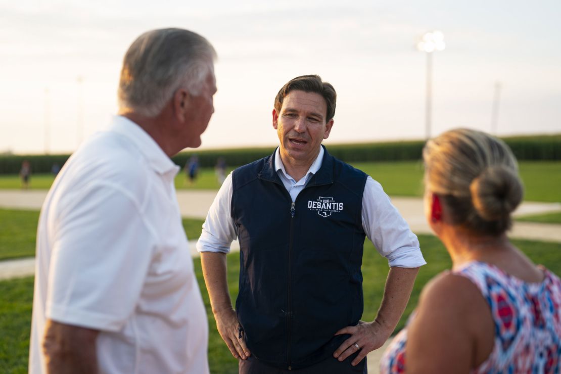 DeSantis speaks with attendees during a campaign stop at the Field of Dreams in Dyersville, Iowa, on August 24, 2023.