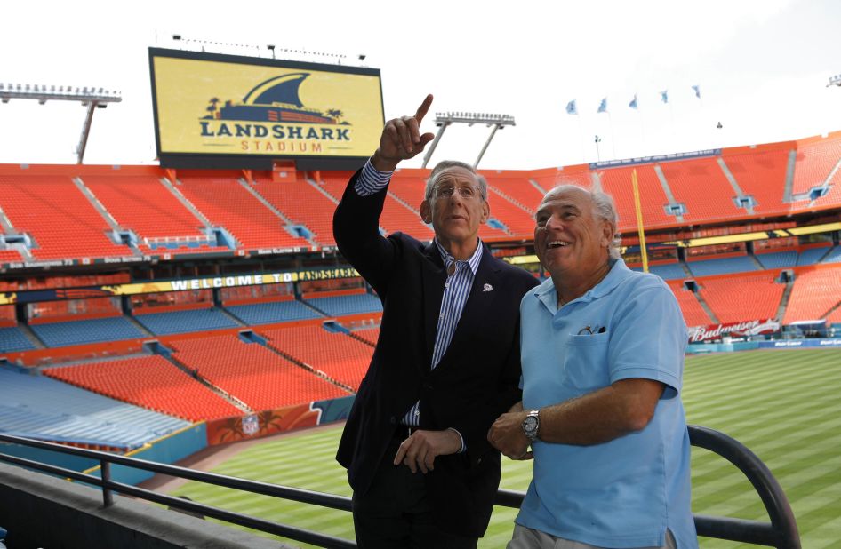 Stephen M. Ross and Buffett attend the renaming event of the Dolphins stadium in 2009.