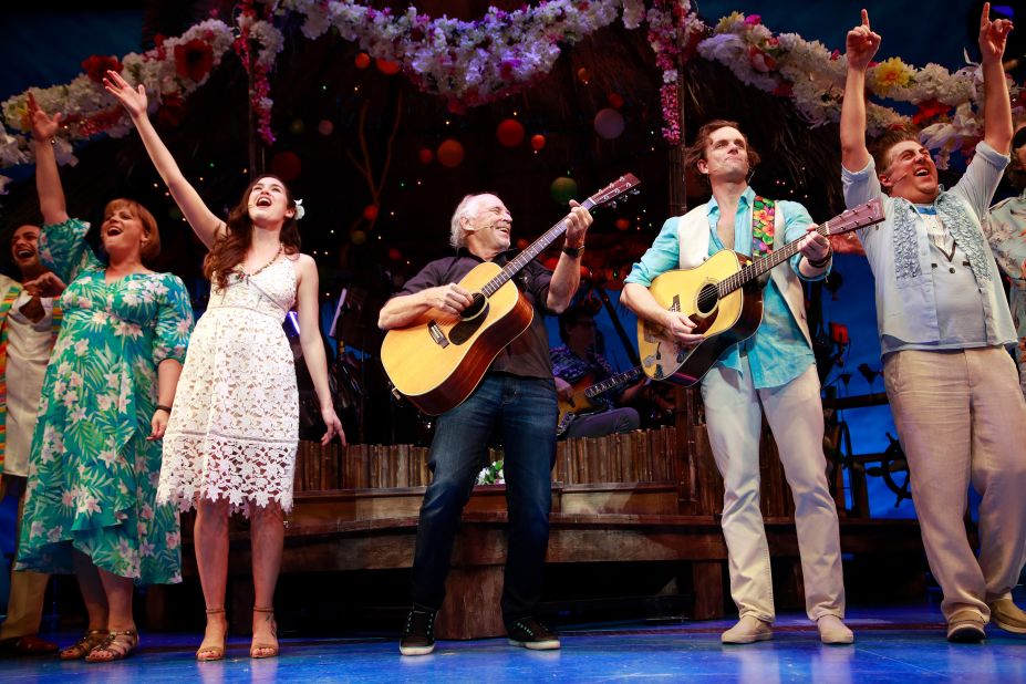 Jimmy Buffett surprises theatergoers during the curtain call for "Escape to Margaritaville," a musical based on Buffett's songs, in 2017. 