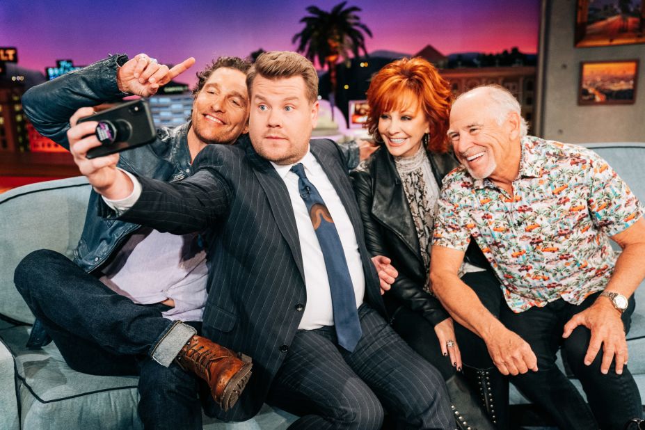 Matthew McConaughey, James Corden Reba McEntire and Jimmy Buffet pose for a selfie on "The Late Late Show with James Corden" in 2019. <br />