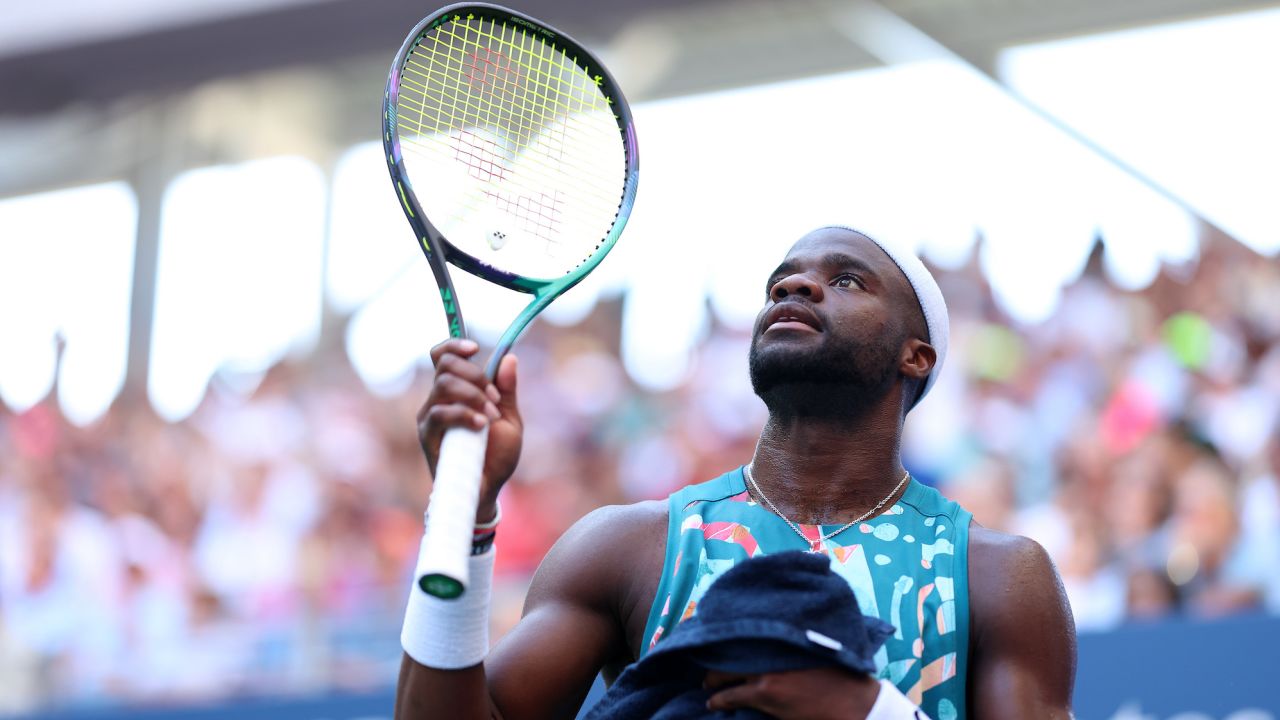 NEW YORK, NEW YORK - SEPTEMBER 01: Frances Tiafoe of the United States looks on between games against Adrian Mannarino of France during their Men's Singles Third Round match on Day Five of the 2023 US Open at the USTA Billie Jean King National Tennis Center on September 01, 2023 in the Flushing neighborhood of the Queens borough of New York City. (Photo by Clive Brunskill/Getty Images)