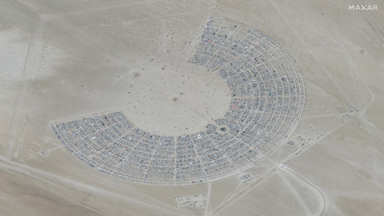A satellite view shows an overview of the 2023 Burning Man festival, in Black Rock Desert, Nevada on August 28, 2023.