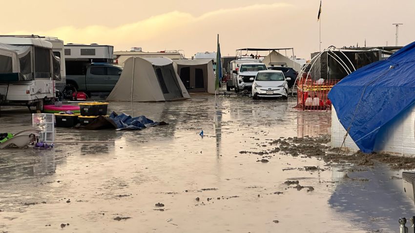Mud fills a Burning Man campsite after heavy rain in Black Rock Desert, Nevada, on September 1, 2023.