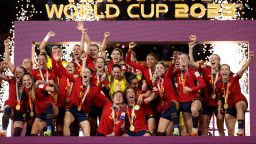 SYDNEY, AUSTRALIA - AUGUST 20: Ivana Andres of Spain and teammates celebrate with the FIFA Women's World Cup Trophy following victory in the FIFA Women's World Cup Australia & New Zealand 2023 Final match between Spain and England at Stadium Australia on August 20, 2023 in Sydney / Gadigal, Australia. (Photo by Maddie Meyer - FIFA/FIFA via Getty Images)