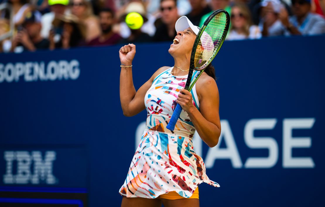 NEW YORK, NEW YORK - SEPTEMBER 02: Madison Keys of the United States celebrates defeating Liudmila Samsonova in the third round on Day 6 of the US Open at USTA Billie Jean King National Tennis Center on September 02, 2023 in New York City (Photo by Robert Prange/Getty Images)