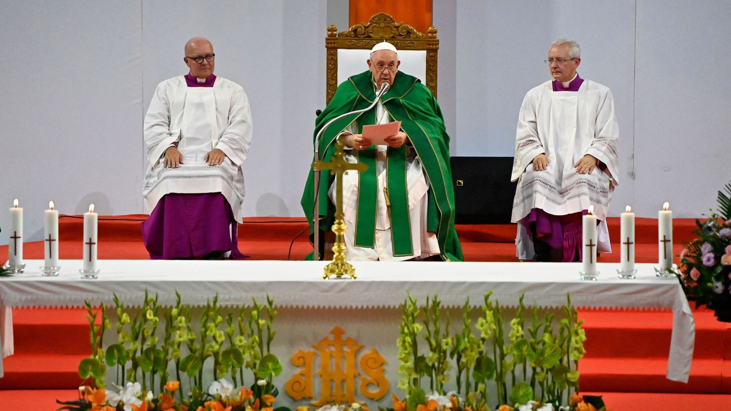 Pope Francis reads the Homily during  Mass at the Steppe Arena in Ulaanbaatar, Mongolia, on Sunday.