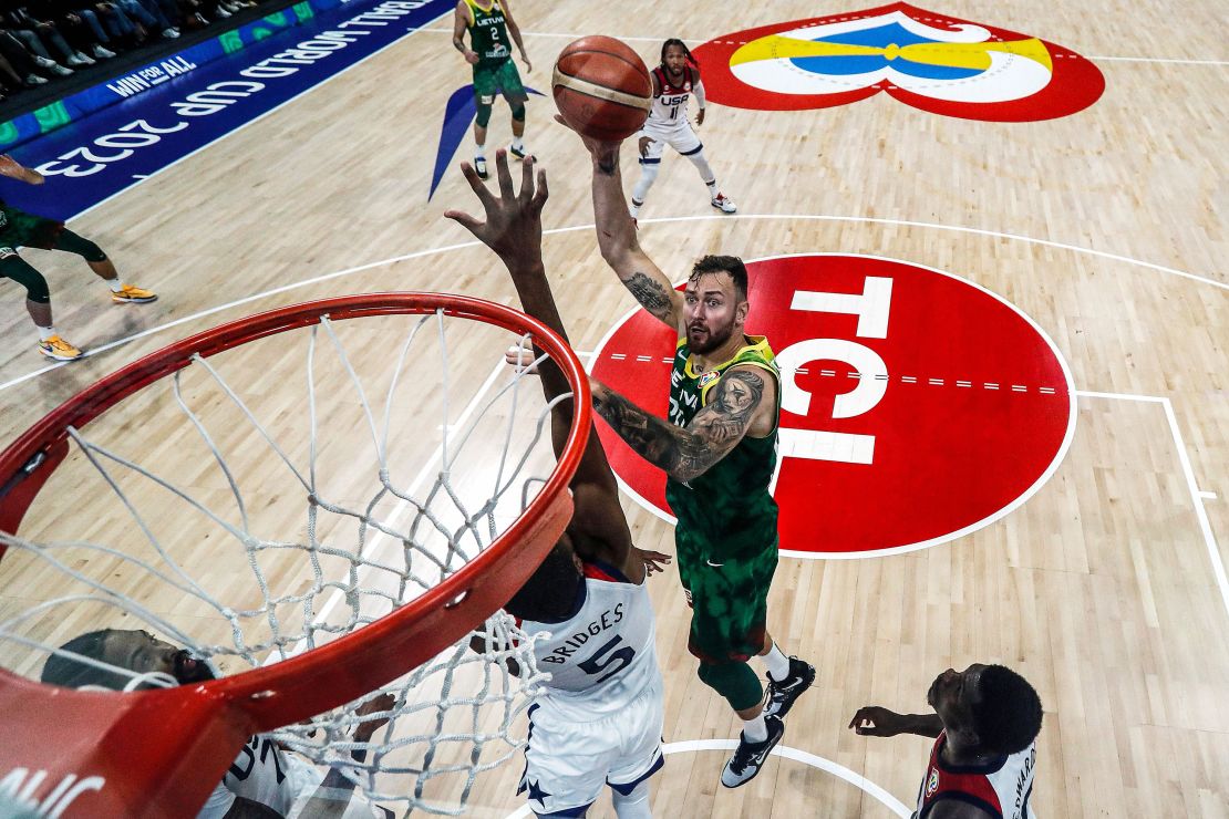 Donatas Motiejunas #20 of Lithuania shoots the ball against Mikal Bridges #5 of the United States in the second half during the FIBA Basketball World Cup 2nd Round Group J game at Mall of Asia Arena in Manila, Philippines on September 03, 2023.