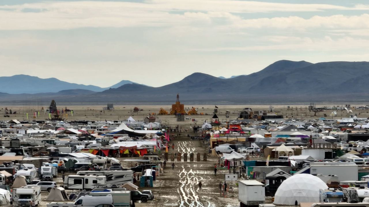 A still from a drone video shows waterlogged campsites at Burning Man on Saturday, September 2, 2023.
