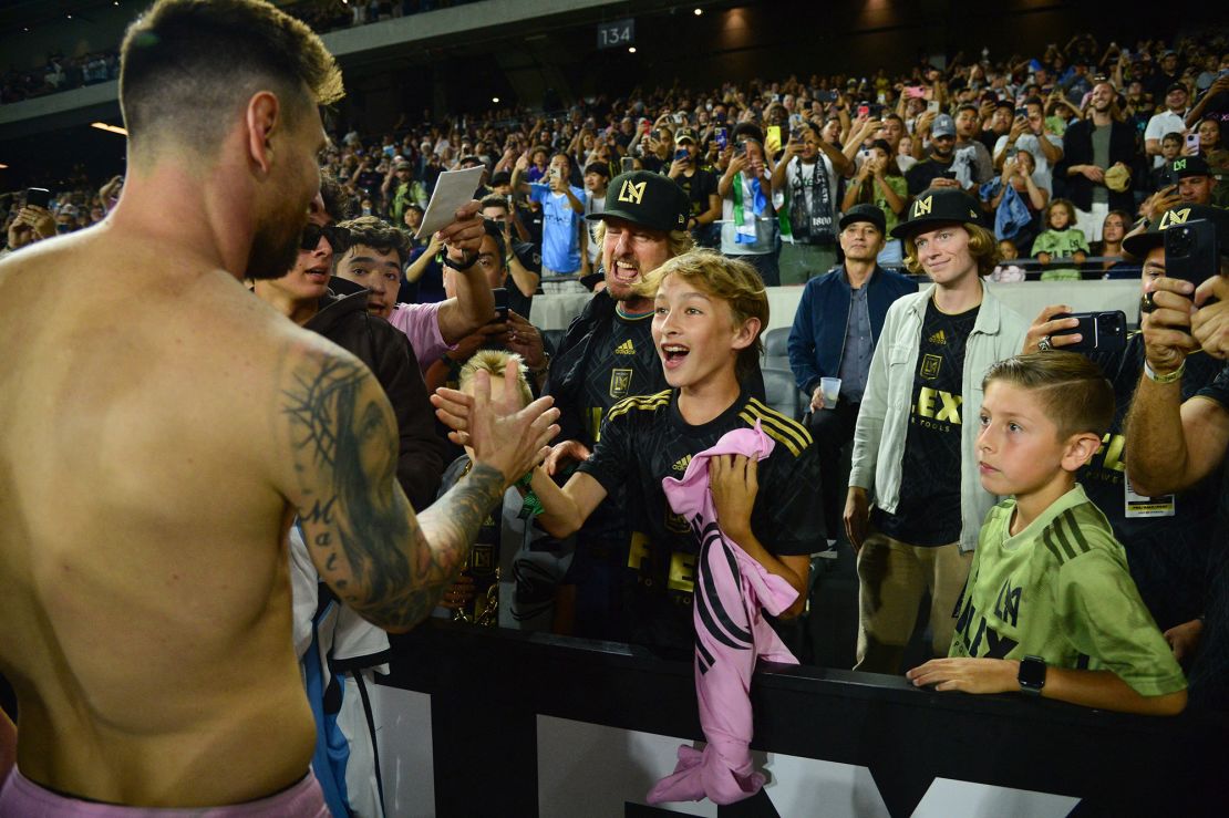 Sep 3, 2023; Los Angeles, California, USA; Inter Miami forward Lionel Messi (10) meets with actor Owen Wilson following the victory against Los Angeles FC at BMO Stadium. Mandatory Credit: Gary A. Vasquez-USA TODAY Sports