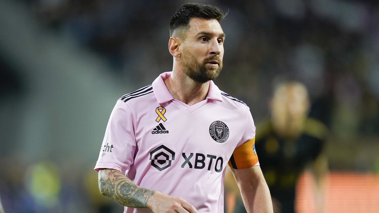 Inter Miami forward Lionel Messi prepares for a throw-in during the first half of an MLS soccer match against Los Angeles FC.