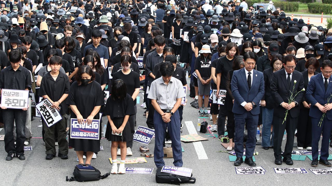 South Korean teachers on strike in the capital Seoul, wearing black in tribute to a teacher who died, on September 4, 2023.