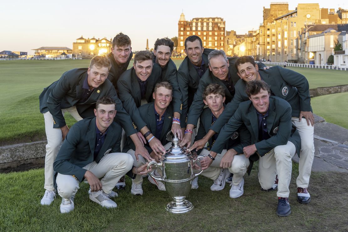 USA celebrate their victory at the Silken Bridge during day two of the 2023 Walker Cup at St Andrews. Picture date: Sunday September 3, 2023. 73588702 (Press Association via AP Images)