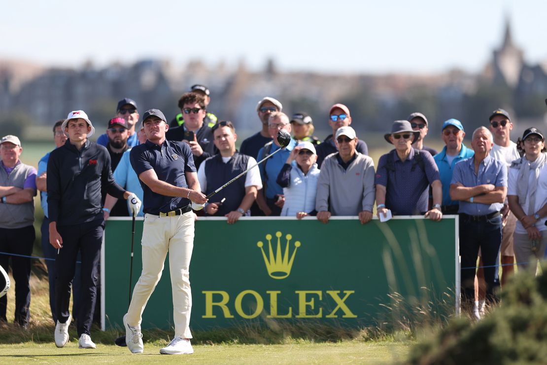 ST ANDREWS, SCOTLAND - SEPTEMBER 3:   Nick Dunlap of the United States tees off during the Sunday Singles on Day Two of the Walker Cup at St Andrews Old Course on September 3, 2023 in St Andrews, Scotland. (Photo by Oisin Keniry/R&A/R&A via Getty Images)