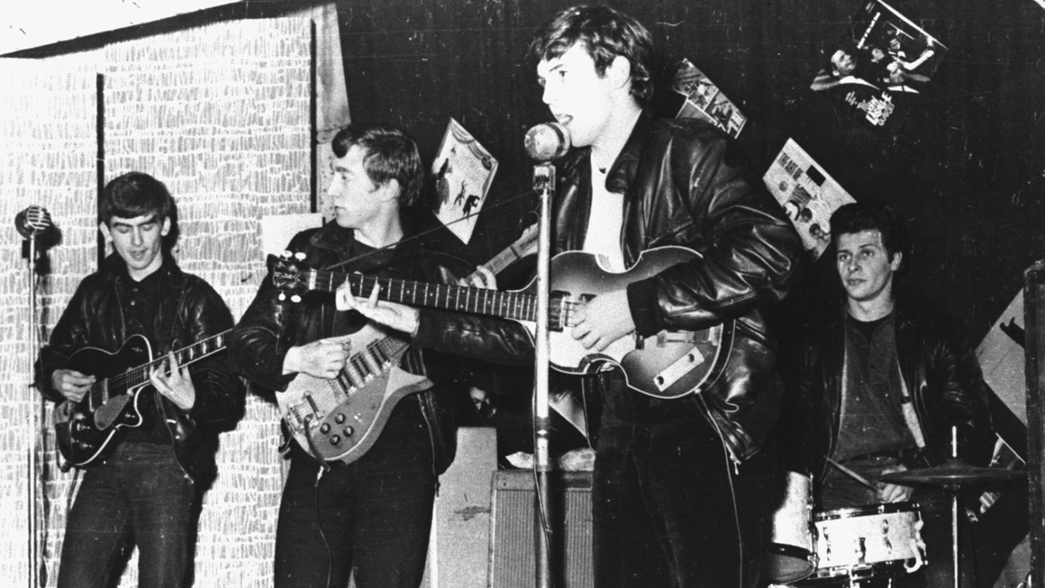 British rock group The Beatles perform in a club  prior to signing their first recording contract, Liverpool, England, 1962.