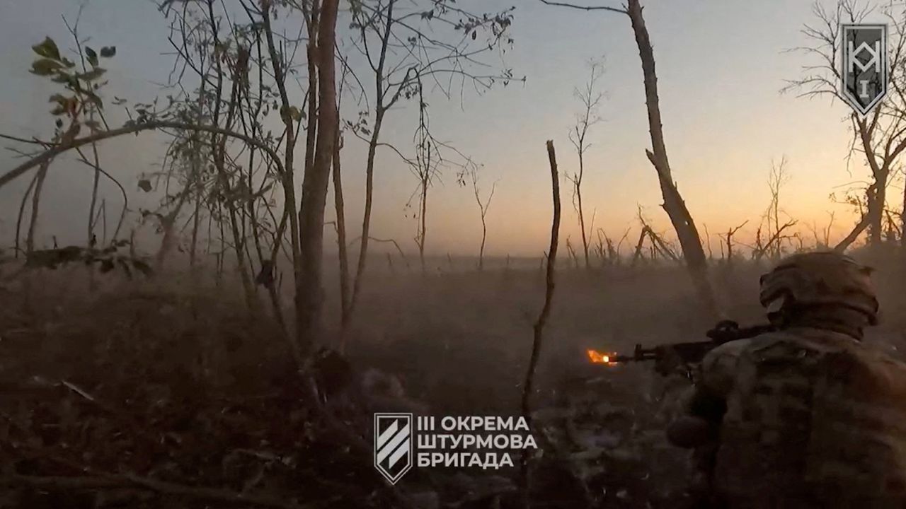 A Ukrainian soldier shoots from his position, amid Russia's attack on Ukraine, in a location given as near Bakhmut, Donetsk Region, Ukraine, in this screengrab obtained from a video released September 2, 2023.