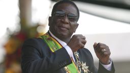 Zimbabwe President Emmerson Mnangagwa gestures during his inauguration ceremony at the National Sports Stadium in the capital, Harare, Monday, Sept. 4 2023.