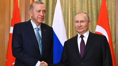 Russian President Vladimir Putin meets his Turkish counterpart Recep Tayyip Erdogan in Sochi, Russia on Monday.