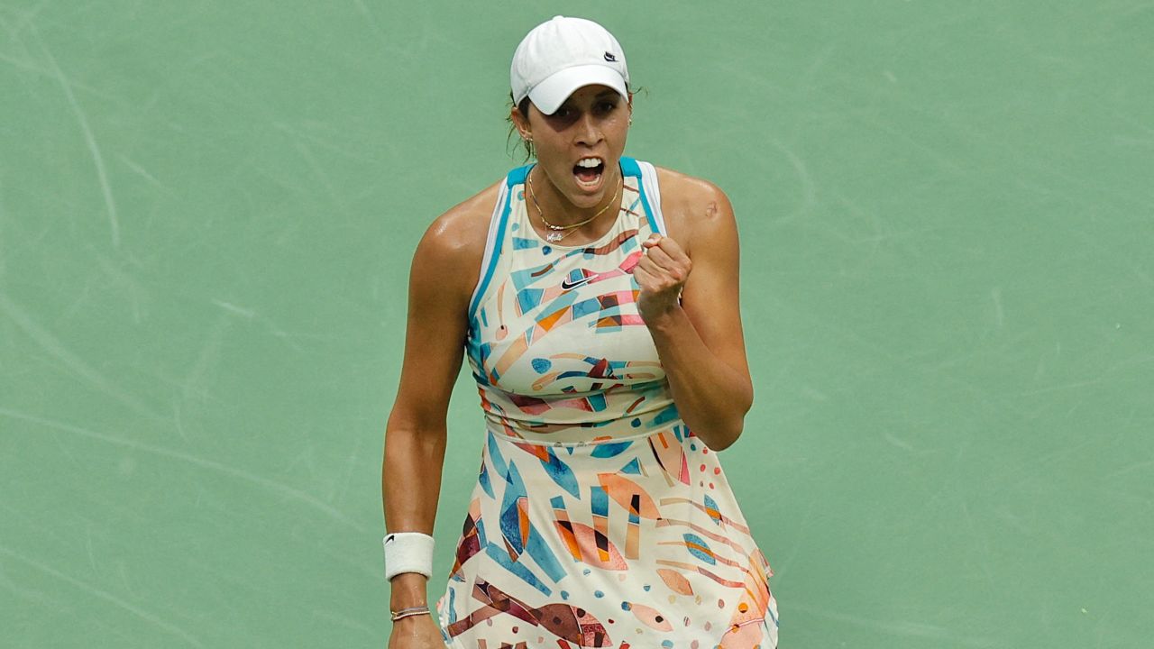 Madison Keys celebrates after beating Jessica Pegula at the US Open.